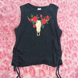 Black Sleeveless Top with Red Floral Skull Design